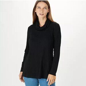 Susan Graver Weekend Petite Sweater Rib Knit Long Sleeve Tunic Black Petite M